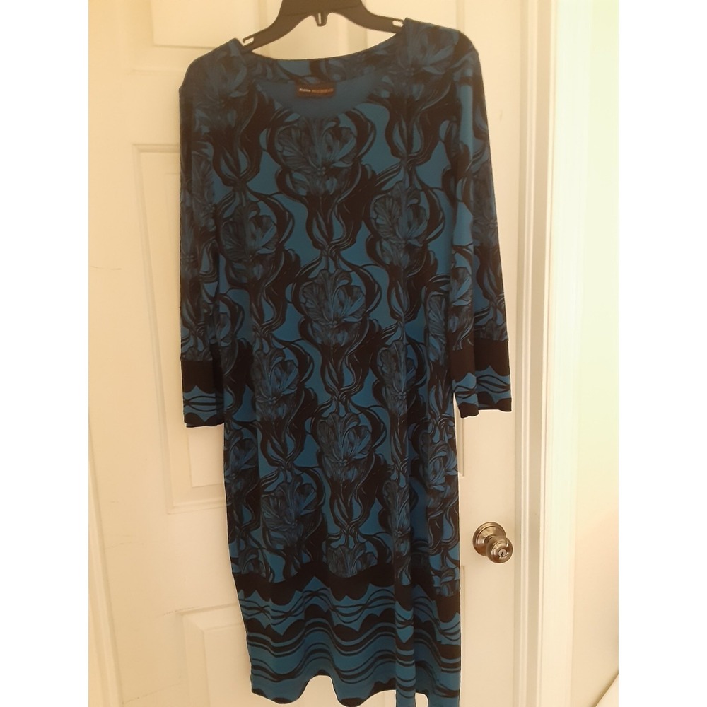 Dana Buchman Bck & Blu Floral Print Knit Chemise Dress W/ 3/4 Slvs Sz-see notes
